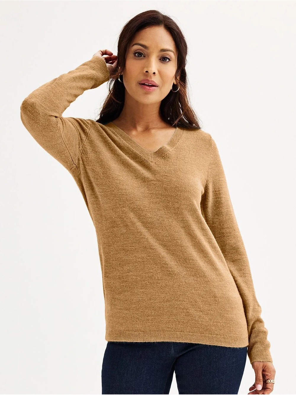 Classic V-Neck Women's Sweater in Camel